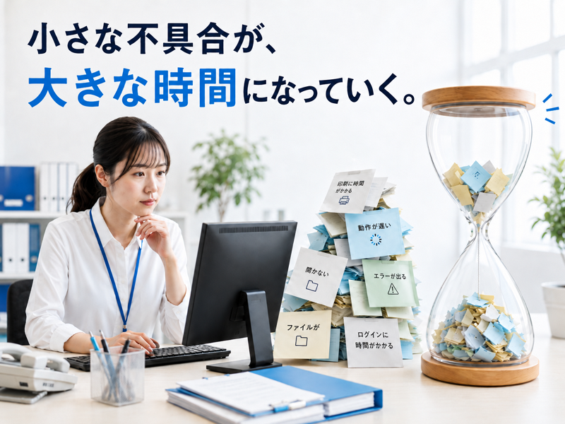 オフィスでパソコンに向かう社員と、動作が遅い・エラーが出る・ログインに時間がかかるといった付箋が積み重なる様子。小さな不具合が、大きな時間になっていく。